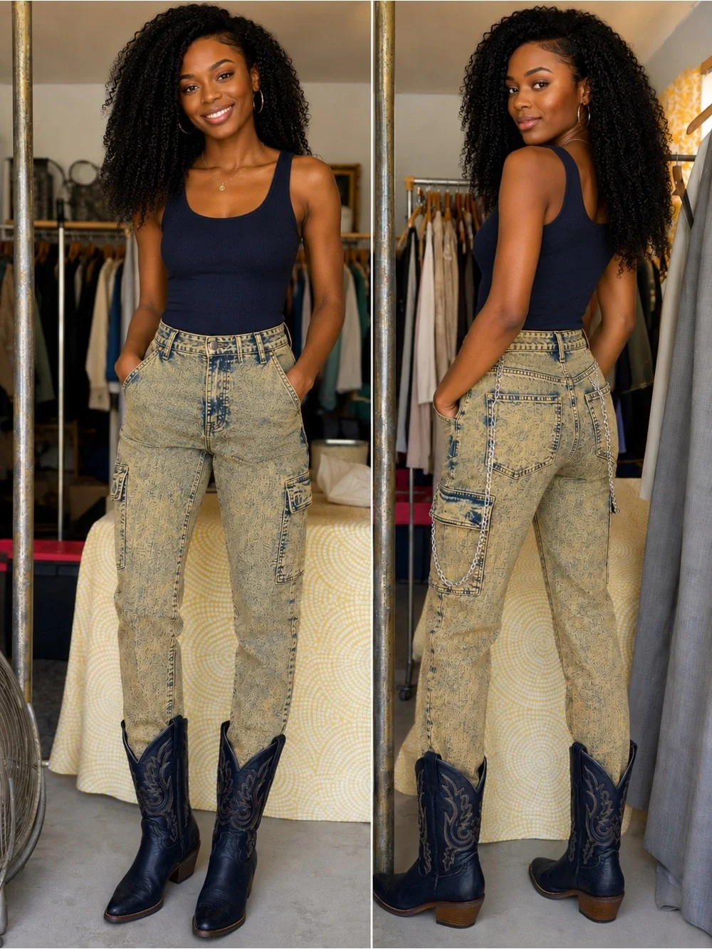 American Bazi High-Rise Acid Wash Cargo Jeans in Beige and Navy - Picture 1 of 5